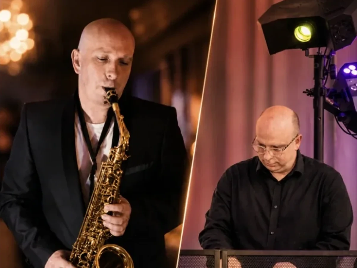 Ben Field performing on saxophone and DJing at a wedding celebration