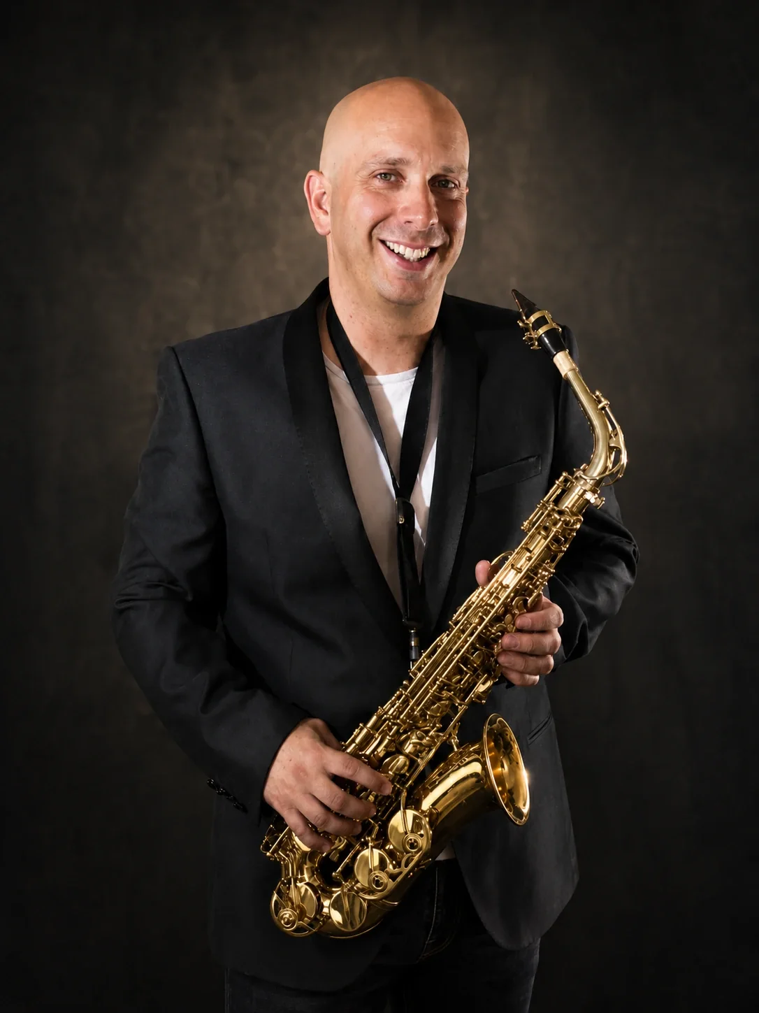 Ben Field smiling and holding his saxophone in a portrait