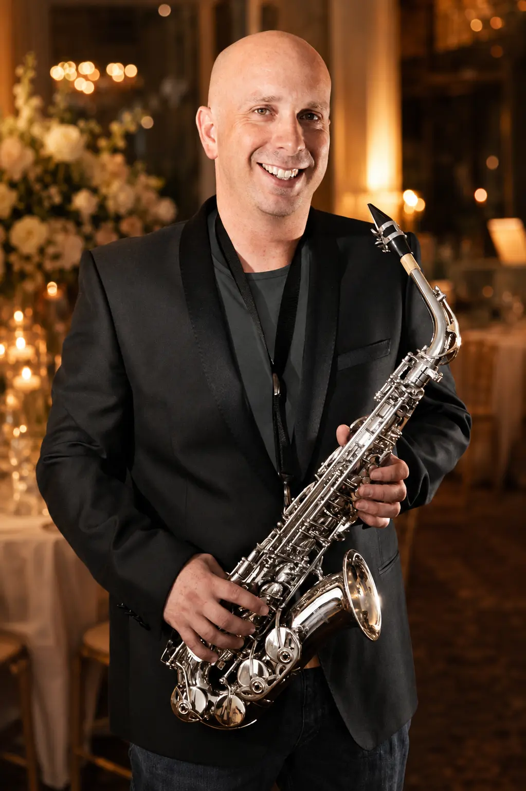 Ben Field with his saxophone at a warmly lit wedding venue