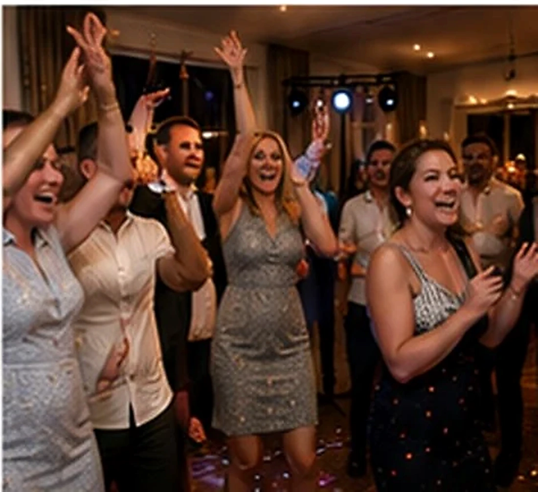 Wedding guests cheering and celebrating together on the dancefloor