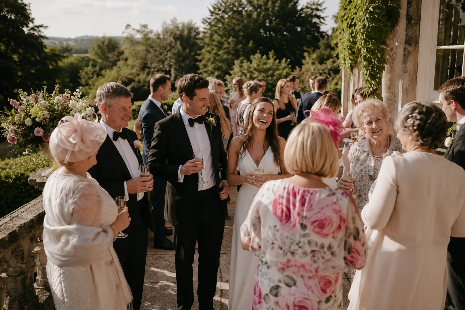 A newly married couple relaxing with family and friends during their afternoon drinks reception
