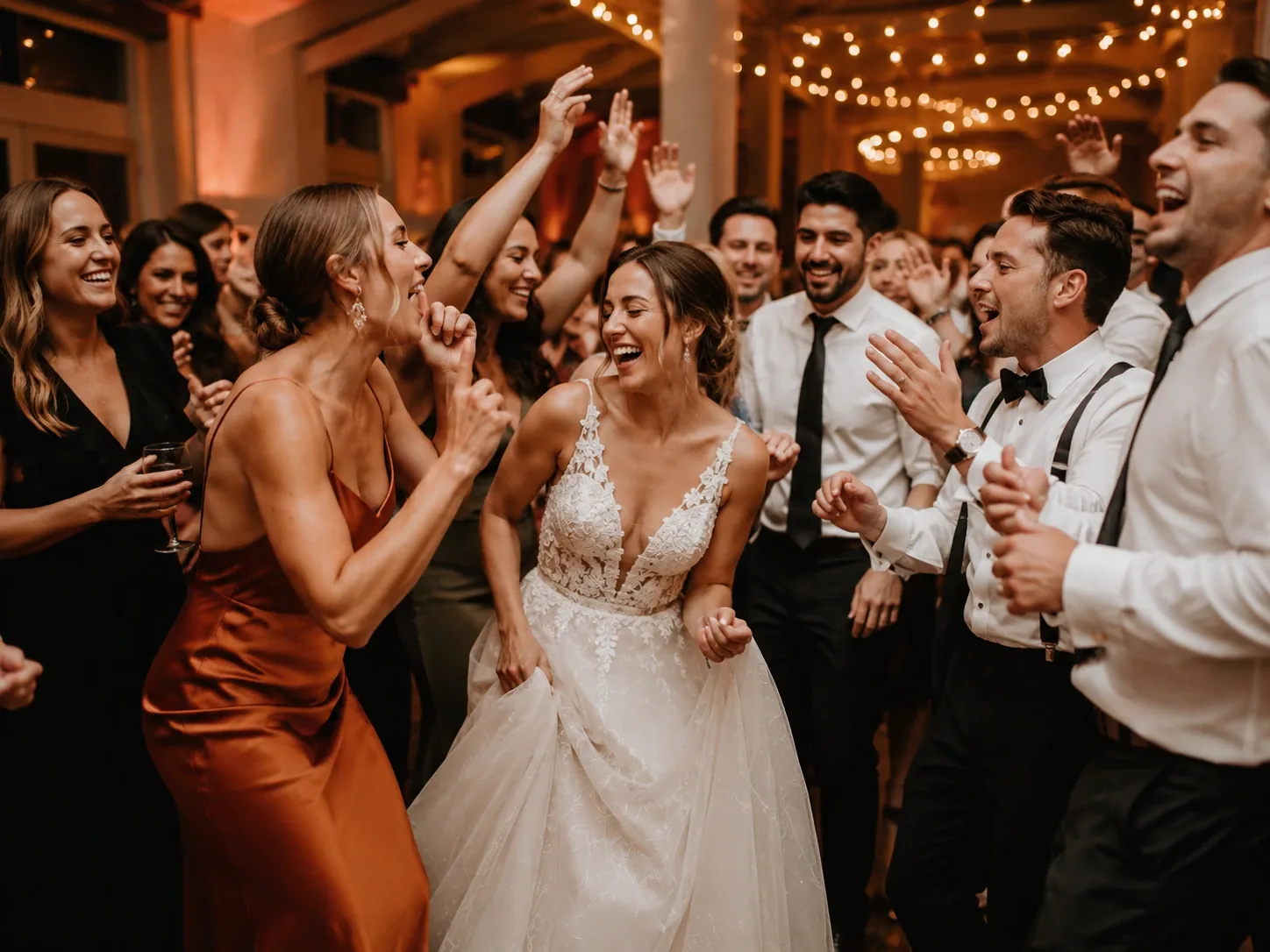 A bride and wedding guests enjoying a lively dancefloor celebration