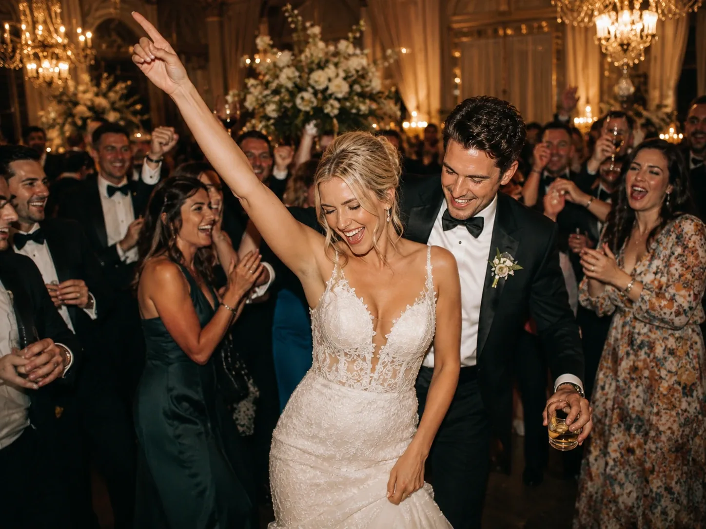 A blonde bride and groom celebrating with guests on the dancefloor