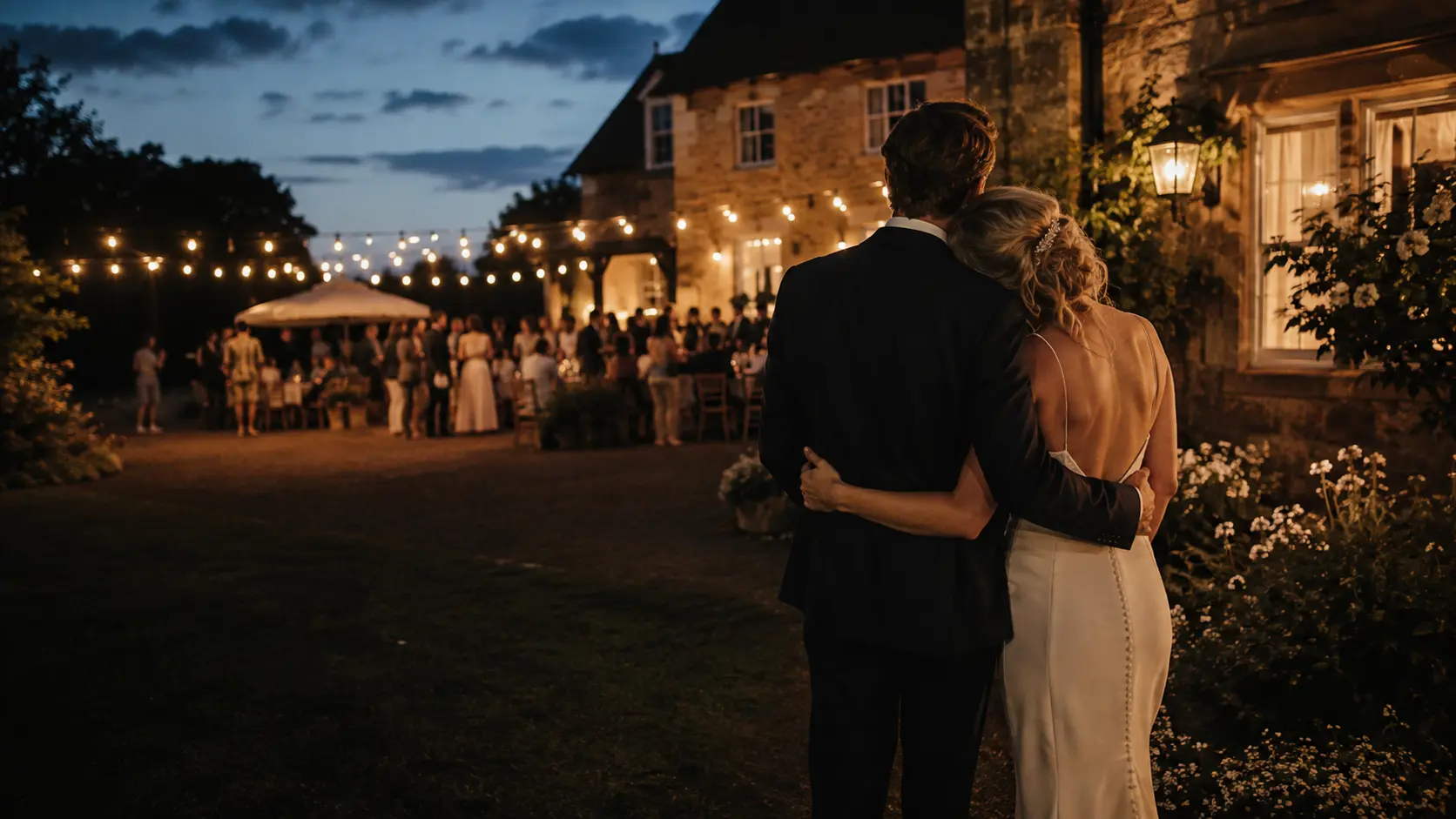 A newly married couple enjoying a quiet moment while their guests celebrate nearby