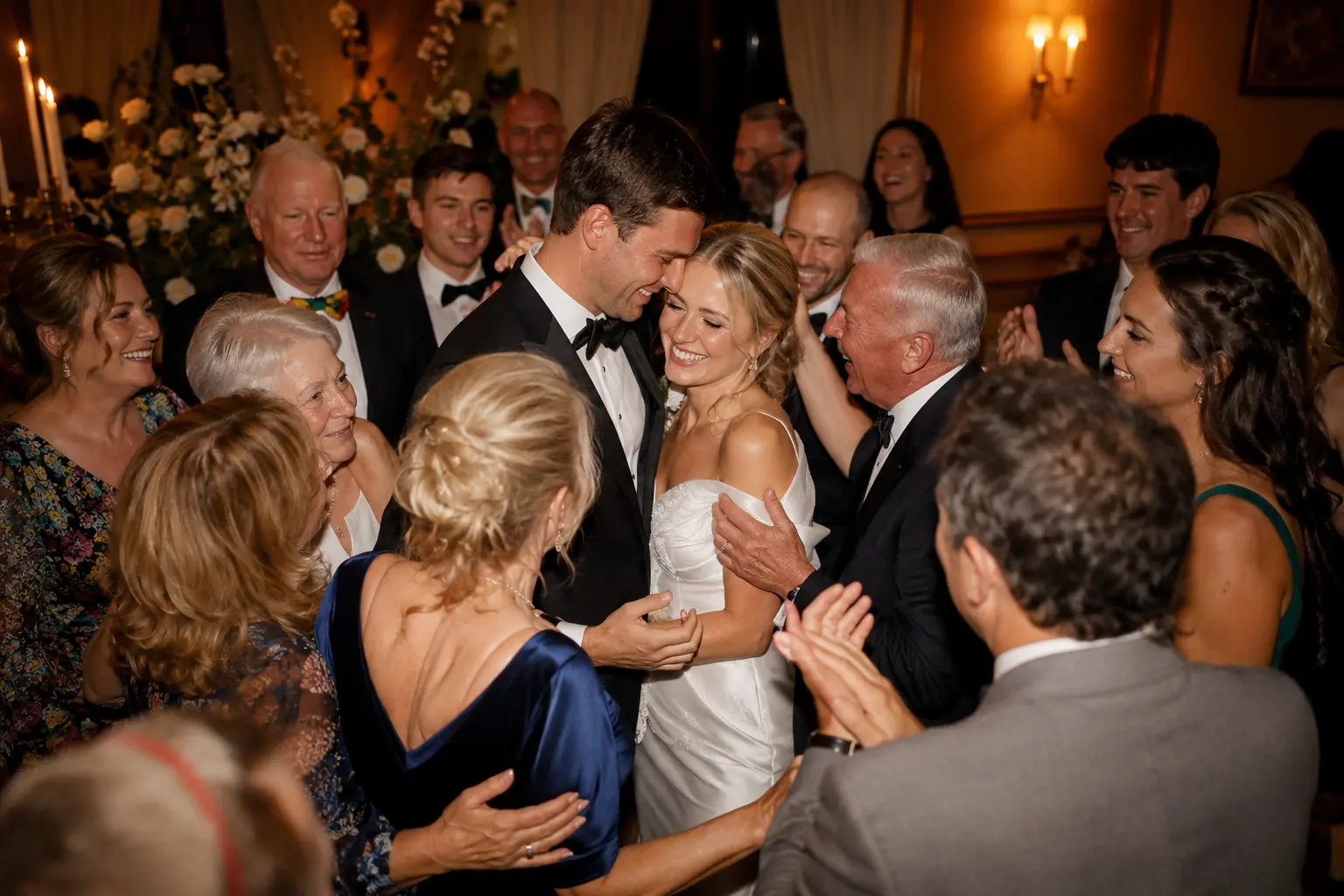 A newly married couple surrounded by applauding family and friends