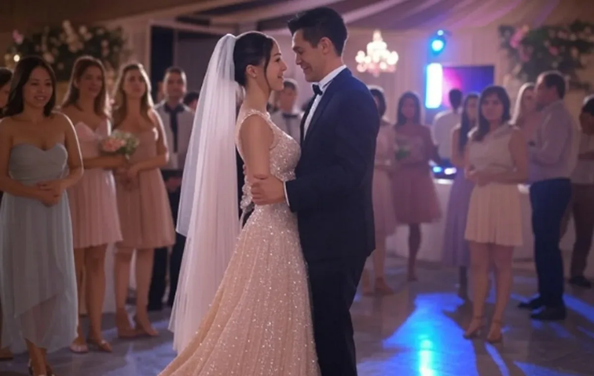 A newly married couple sharing their first dance with guests watching