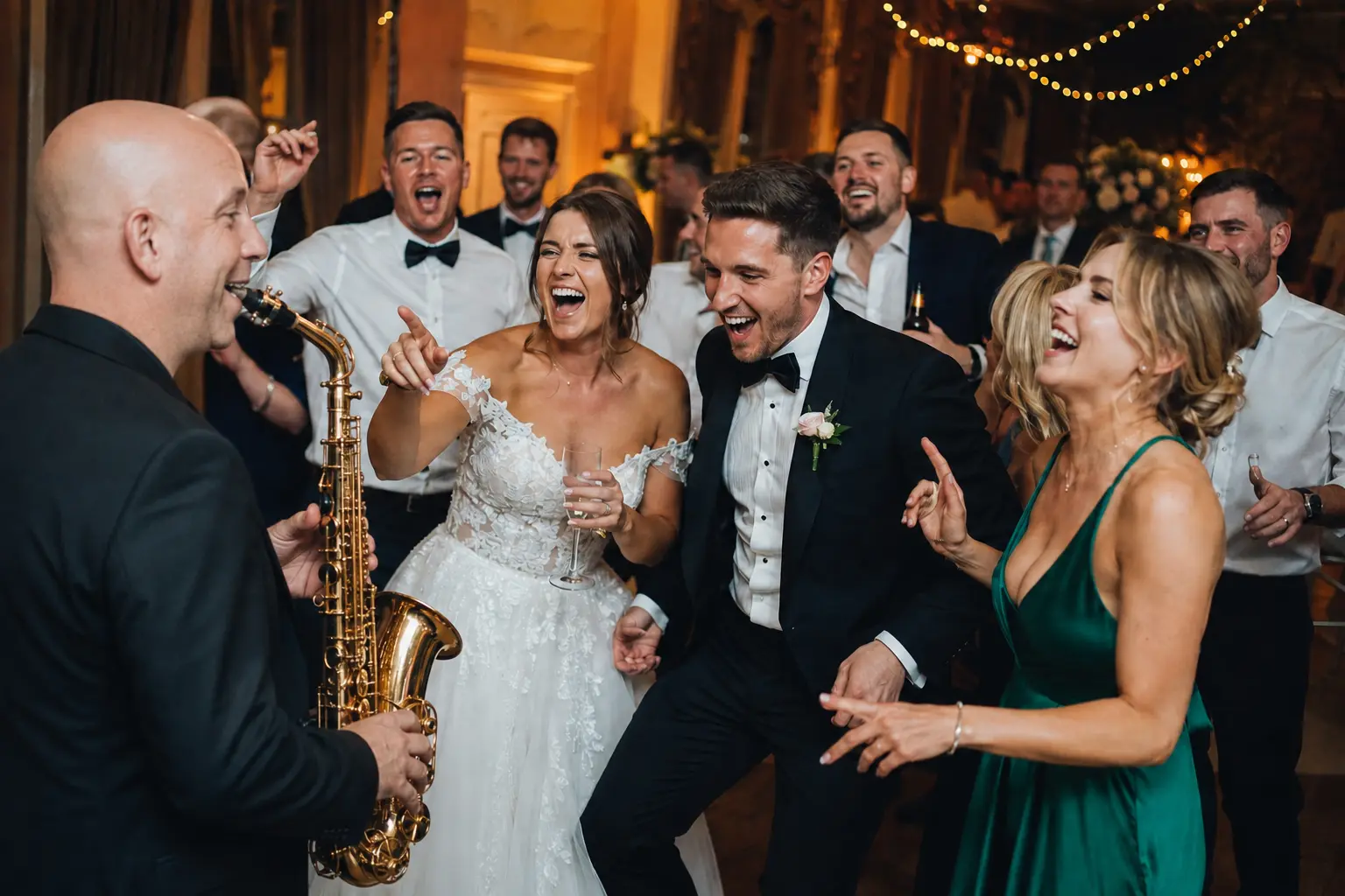 A bride, groom and their friends reacting with delight as Ben plays live saxophone on the dancefloor