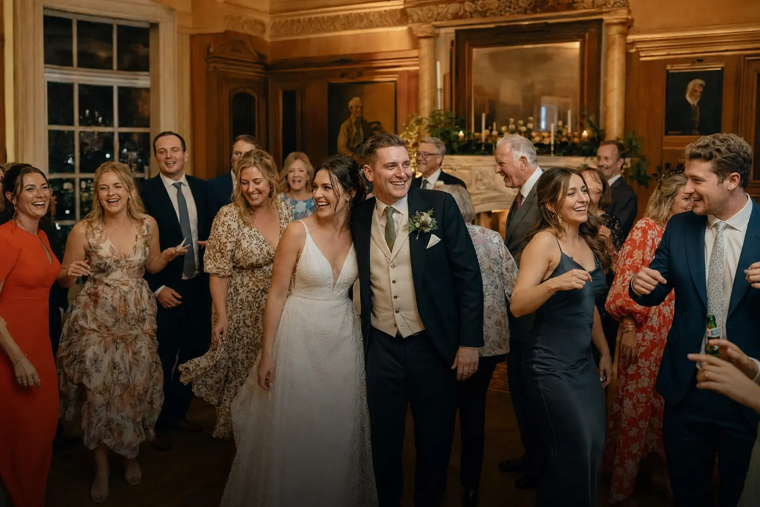 A newly married couple surrounded by smiling friends and family at their evening celebration